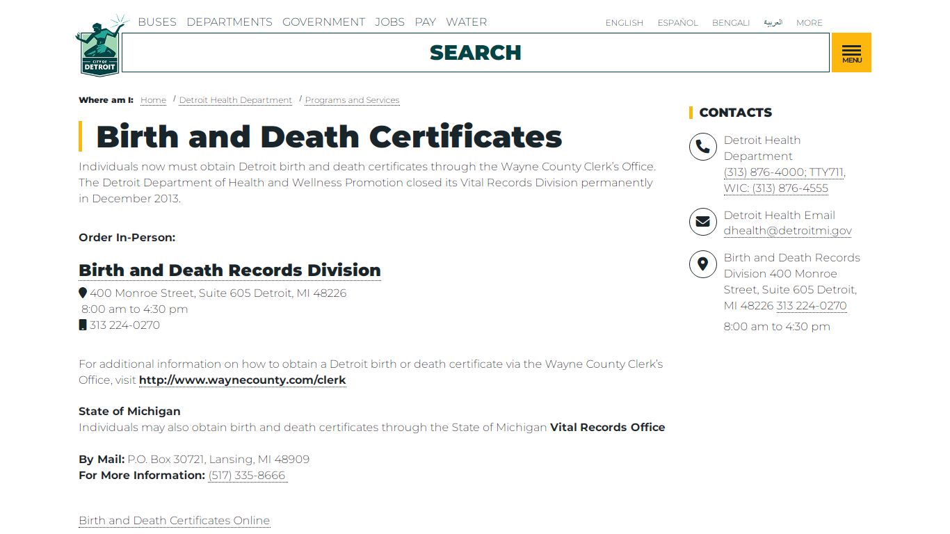 Birth and Death Certificates | City of Detroit