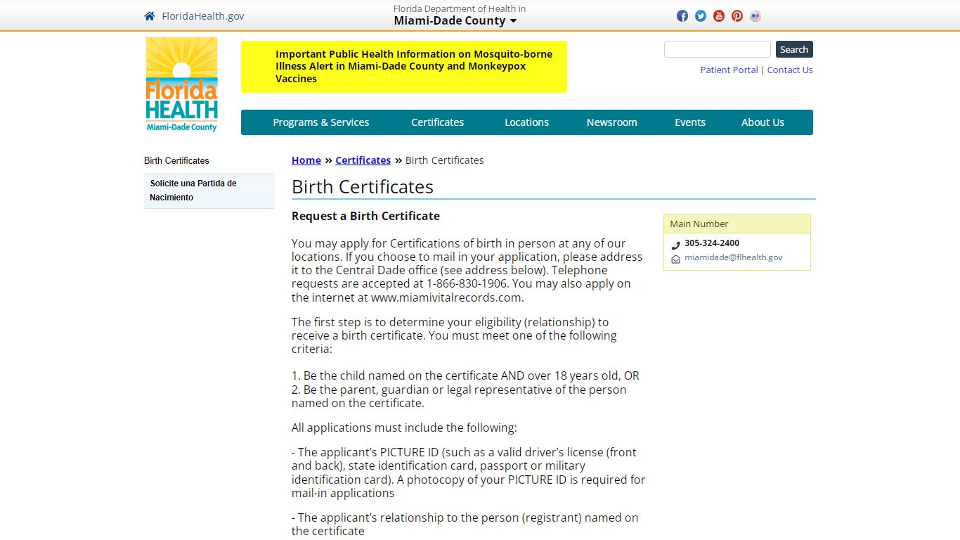 Birth Certificates | Florida Department of Health in Miami-Dade